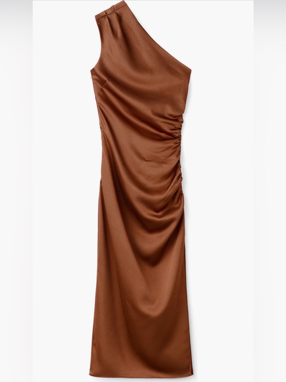 Mango One-Shoulder Asymmetrical Ruched Satin Maxi Dress in Chestnut Brown Size S